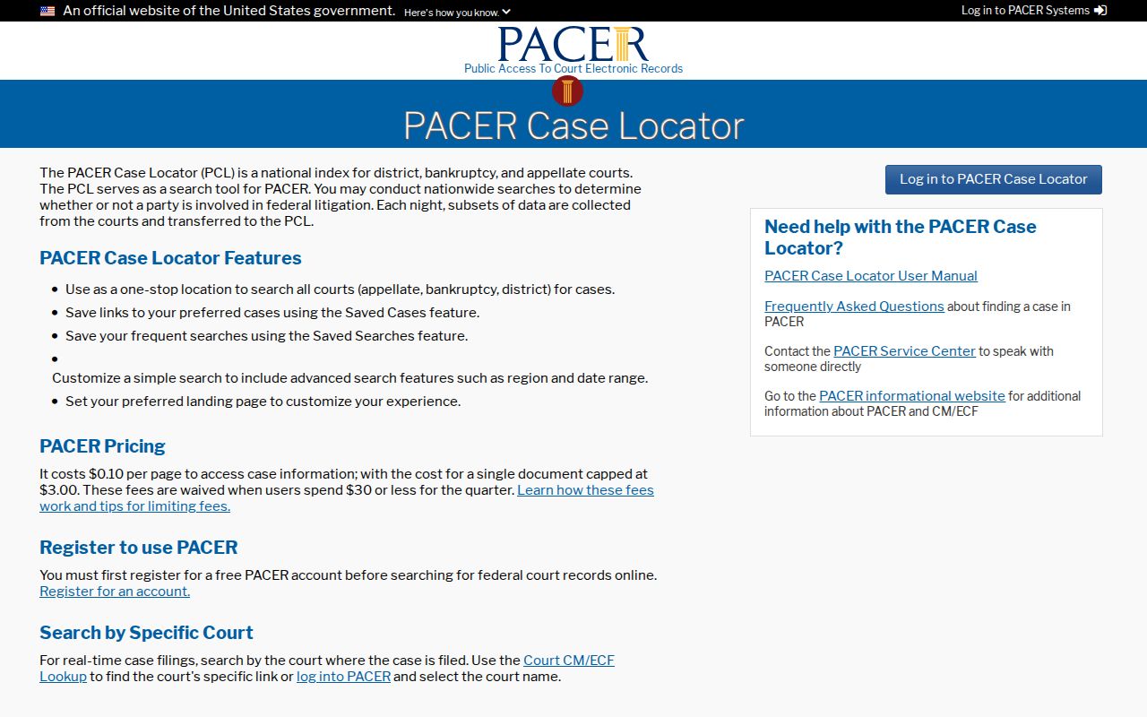 Huron County case search federal PACER Case Locator interface