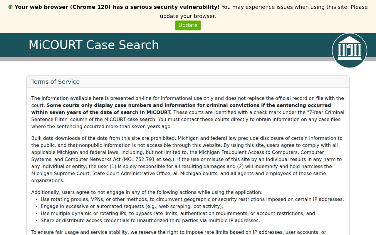 Huron County case search MiCOURT public consent and search interface