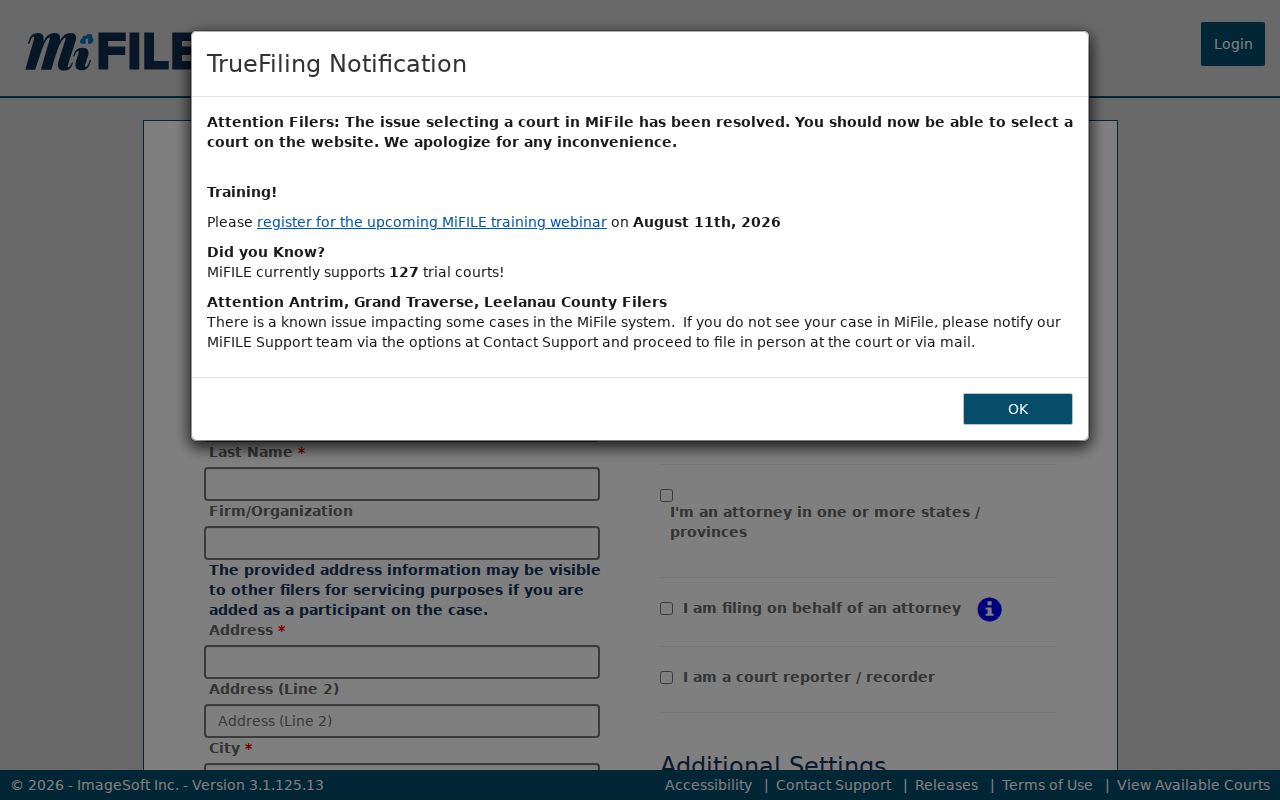 Huron County case search related MiFILE registration interface