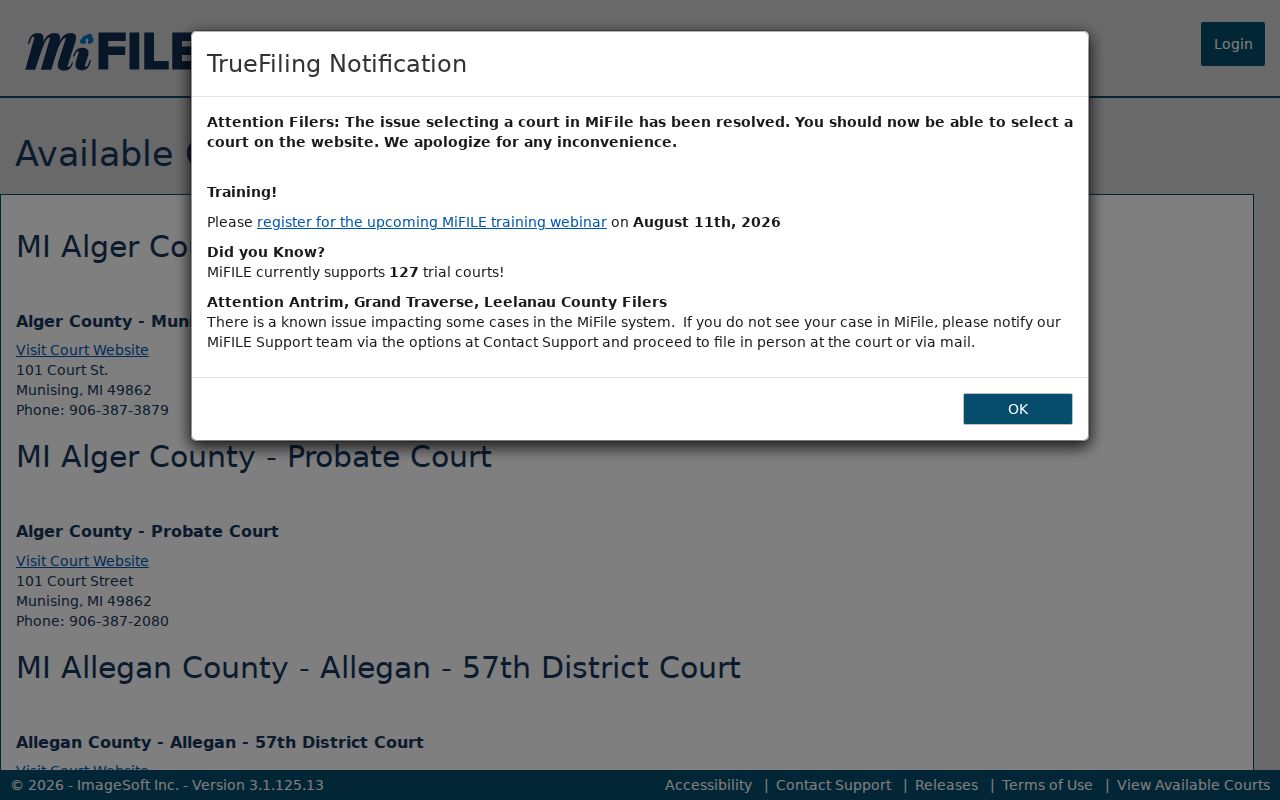 Huron County civil court docket MiFILE available courts record