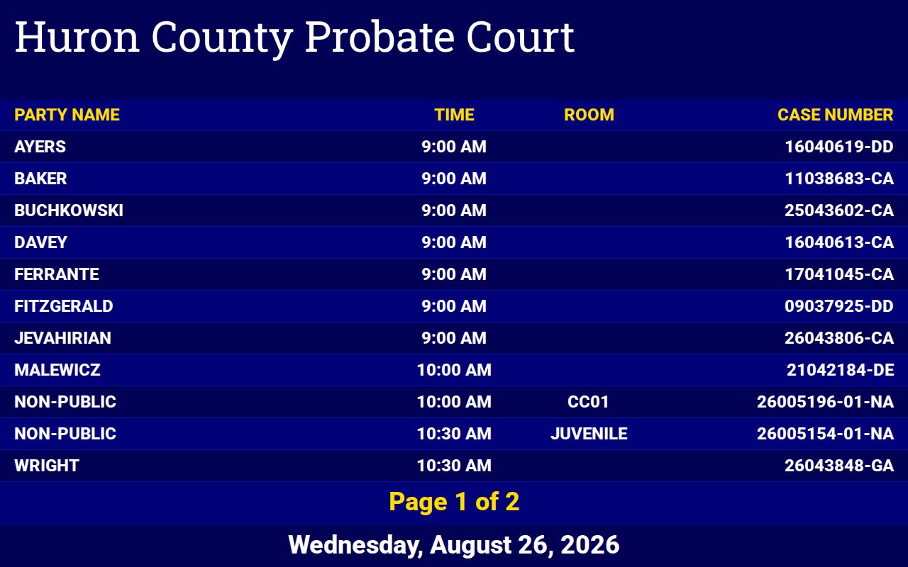 Huron County probate court calendar with date control and public event columns